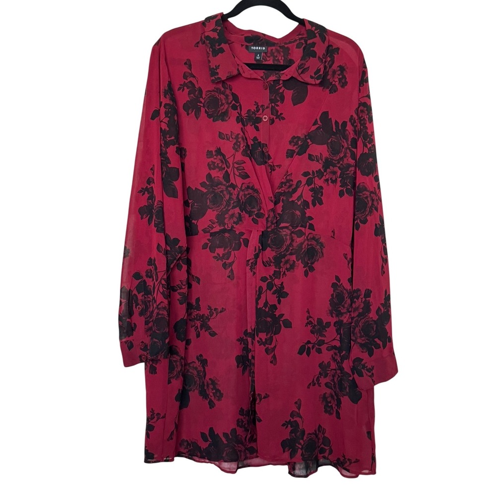 Torrid Red Black Floral Rose Chiffon Button Up Shirt Dress Sheer Dark Romantic
